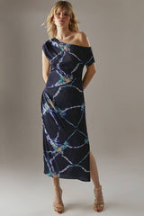 Crinkle Satin Fallen Shoulder Knot Side Midi Dress