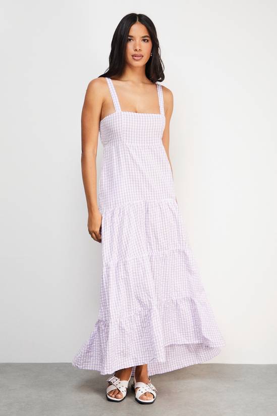 Seersucker Check Strappy Tie Back Tier Midi Sundress
