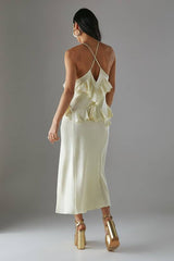 Petite Ruffle Detail Bias Satin Dress