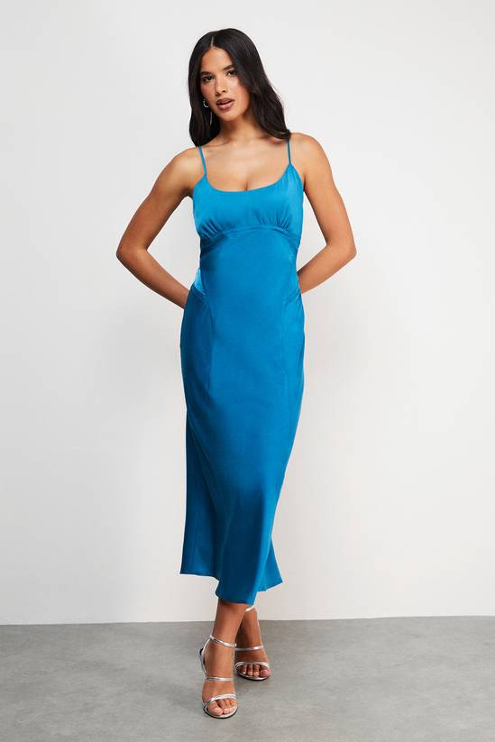 Satin Tie Bust Seam Strappy Midi Slip Dress