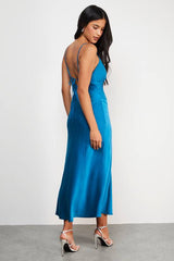 Satin Tie Bust Seam Strappy Midi Slip Dress