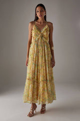 Chiffon Ruffle Strappy Floaty Maxi Dress