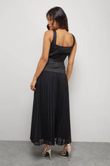 Petite Satin Fitted Bodice Chiffon Pleated Skirt Midi Dress
