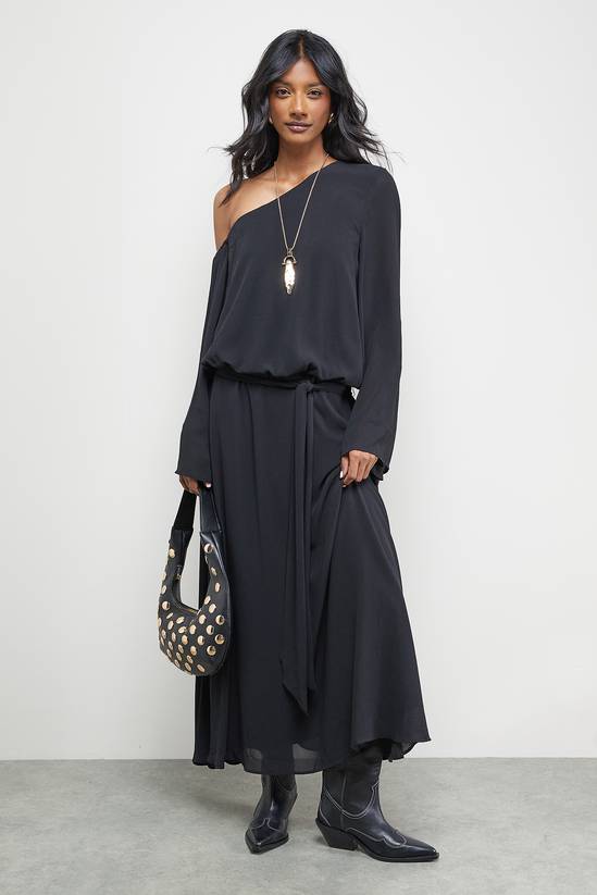 Crinkle Chiffon One Shoulder Drop Waist