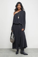 Crinkle Chiffon One Shoulder Drop Waist