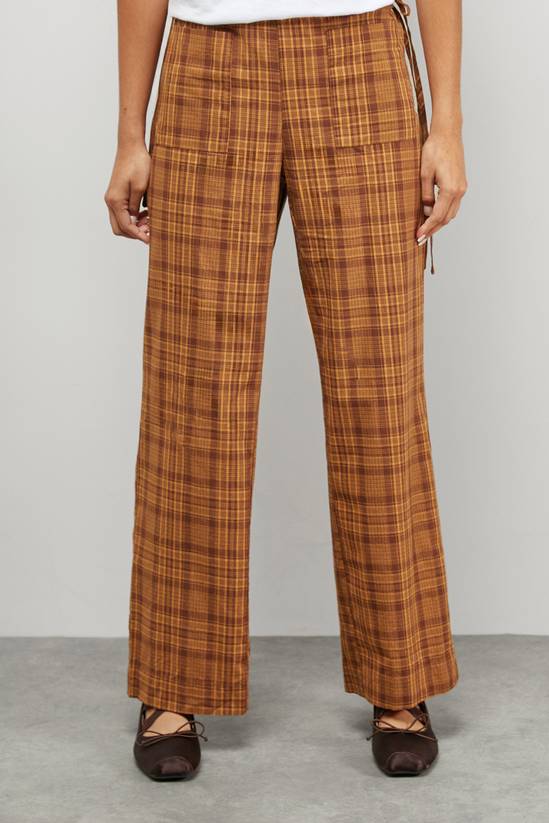 Mustard Check Mid Rise Tie Side Pocket Trouser