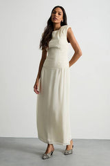 Ruched Waist Sleeveless Shoulder Pad Detail Maxi Dress