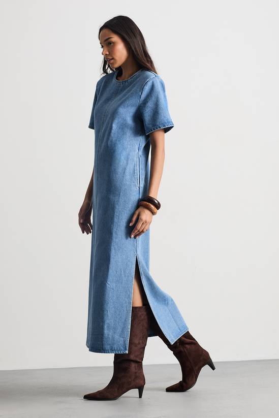 Denim Side Split Midi Dress