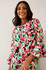 Pink Abstract Flute Sleeve Shift Dress