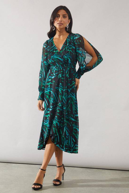 Green Abstract High Low Hem Split Sleeve Wrap Dress