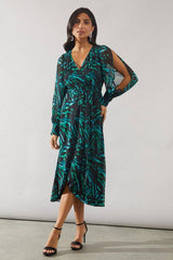 Green Abstract High Low Hem Split Sleeve Wrap Dress