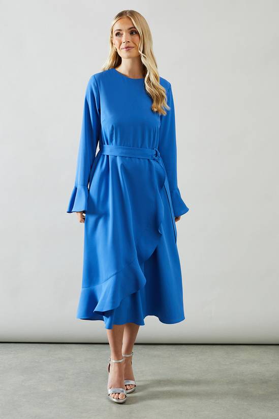 Petite Ruffle Front Belted Midi Dress