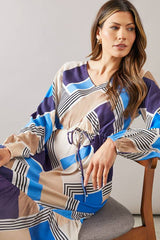 Blue Geo Drawstring Viscose Midi Dress