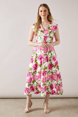 Printed Twill V Neck Midi Dress