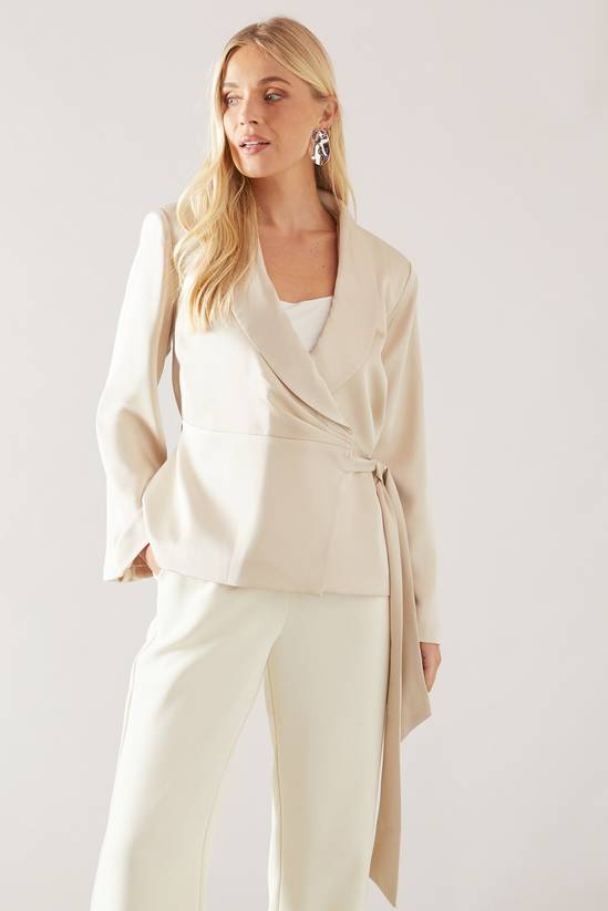 Petite Fluid Satin Wrap Tie Jacket