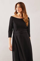 Crepe Off The Shoulder Belted Midi Dress