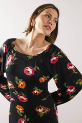 Floral Square Neck Viscose Jersey Midi Dress