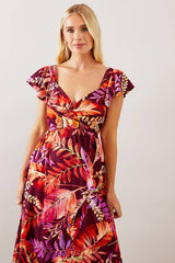 Petite Palm Viscose Ruched Midi Dress