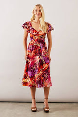 Petite Palm Viscose Ruched Midi Dress