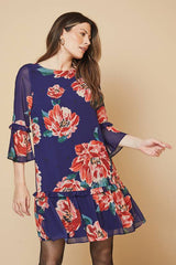 Floral Ruffle Sleeve Drop Hem Shift Dress