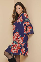 Floral Ruffle Sleeve Drop Hem Shift Dress