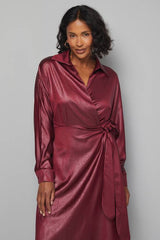 Textured Satin Wrap Midi Dress