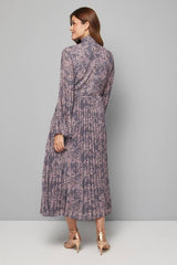 Pleated Pussybow Flare Midi Dress