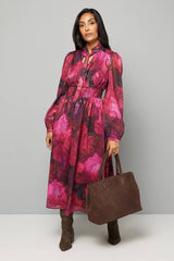 Petite Floral Print Shirred Waist Midi Dress