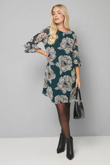 Petite Green Floral Flute Shift Dress