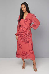 Floral Wrap Belted Midi Dress