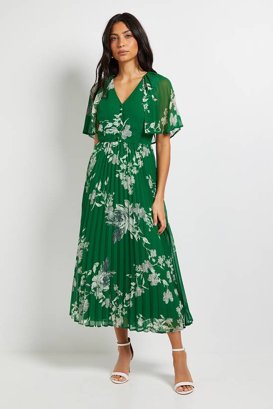 Pleated Cape Sleeve Midi Dress