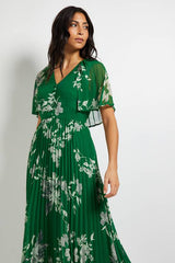 Pleated Cape Sleeve Midi Dress