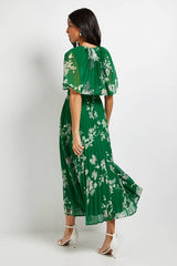 Pleated Cape Sleeve Midi Dress
