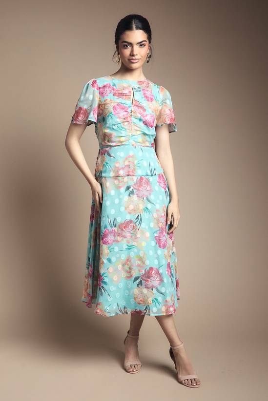 Floral Polka Dot Burn Out Ruched Midi Dress