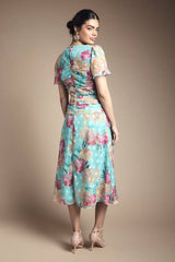 Floral Polka Dot Burn Out Ruched Midi Dress
