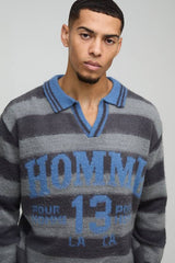 Oversized Brushed Striped V Neck Knit Polo