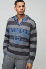 Oversized Brushed Striped V Neck Knit Polo
