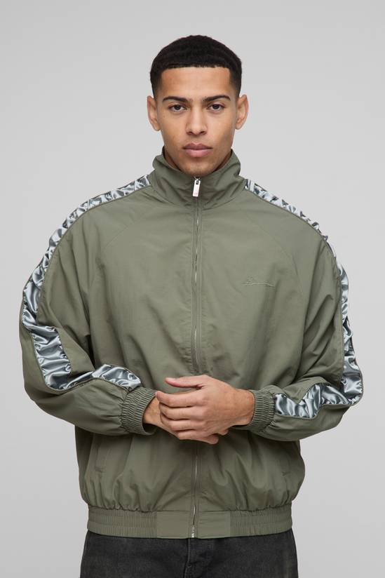 Regular Fit Satin Panel Ruched Sleeve Nylon Track Jacket