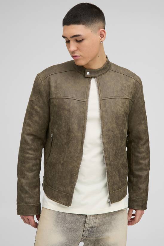 Regular Fit Washed Faux Suede Biker Jacket