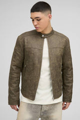 Regular Fit Washed Faux Suede Biker Jacket