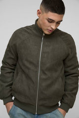 Raglan Regular Fit Funnel Neck Faux Suede Bomber Jacket