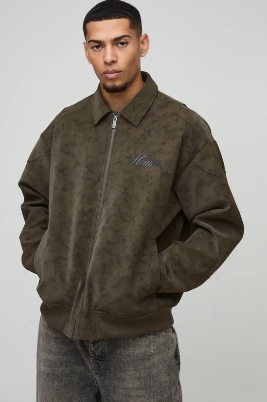 Homme Oversized Washed PU Collared Bomber Jacket