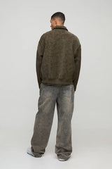 Homme Oversized Washed PU Collared Bomber Jacket