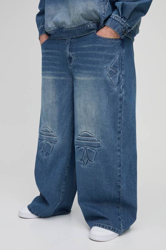 Plus Debossed Biker Baggy Fit Jeans