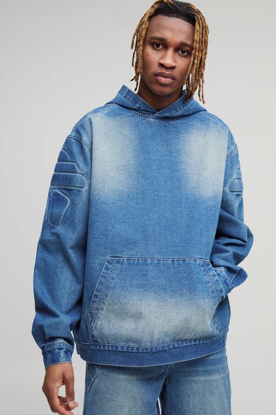 Tall Debossed Biker Denim Oversized Hoodie