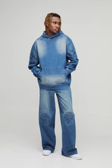 Tall Debossed Biker Denim Oversized Hoodie