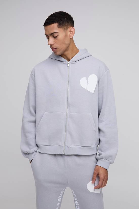 Oversized Boxy Hearts Puff Print Zip Through Hoodie