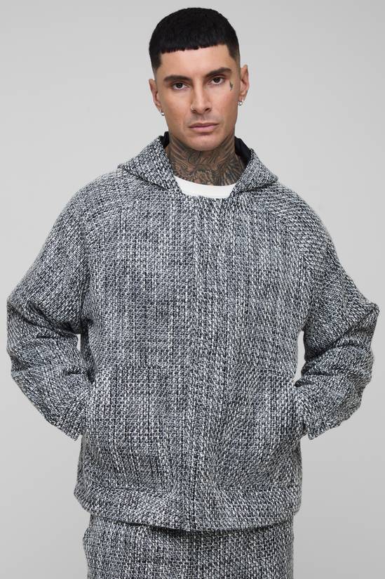 Tall Oversized Boucle Zip Up Hooded Jacket