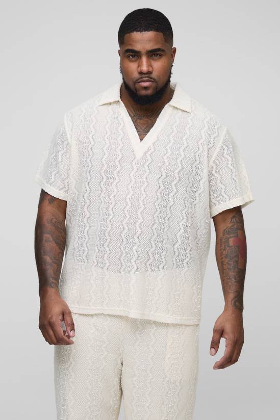 Plus Zig Zag Crochet Oversized Polo Shirt