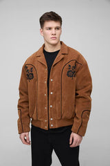 Tall Faux Suede Embroidered Oversized Boxy Fit Western Jacket